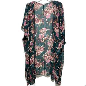 Xhilaration Kimono Green & Pink Floral Bird Sheer Long Split Sides Women sz XS/S